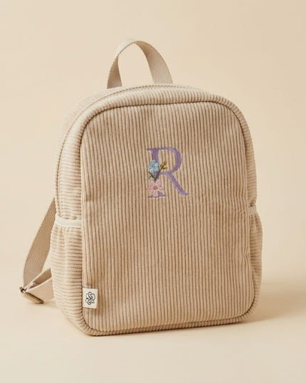 Gepersonaliseerde rib rugzak beige met bloemenletter – Corduroy kinderrugzak