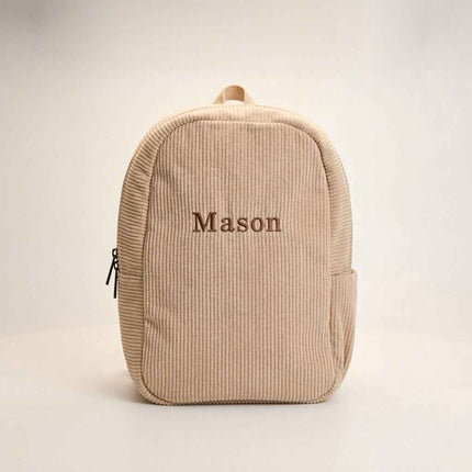 Gepersonaliseerde rib rugzak beige met naam – Corduroy kinderrugzak met drinkbekervak