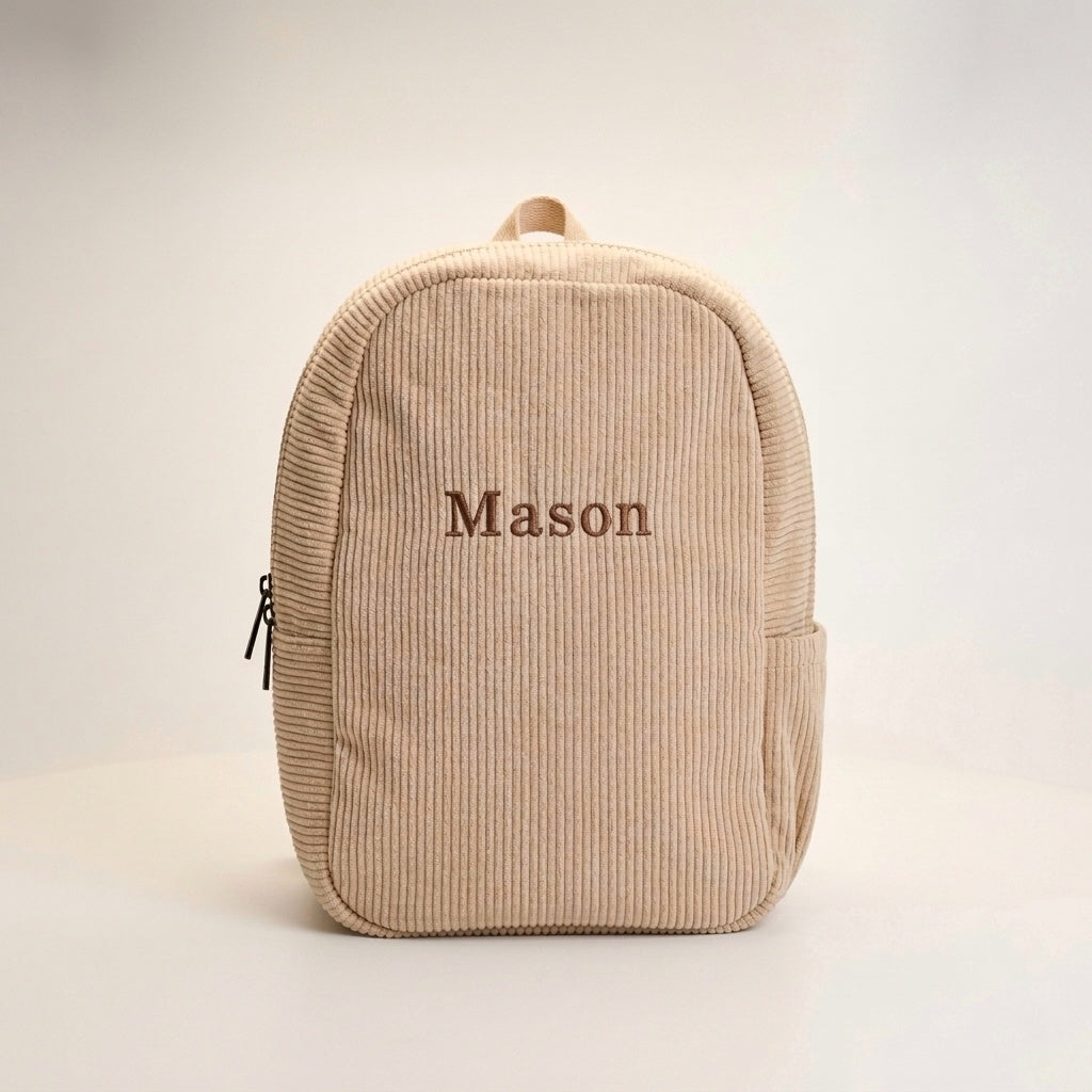 Gepersonaliseerde rib rugzak beige met naam – Corduroy kinderrugzak met drinkbekervak