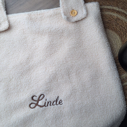 Gepersonaliseerde teddy boxzak XL met naam – Beige verstelbare opbergzak (65x40x10 cm)