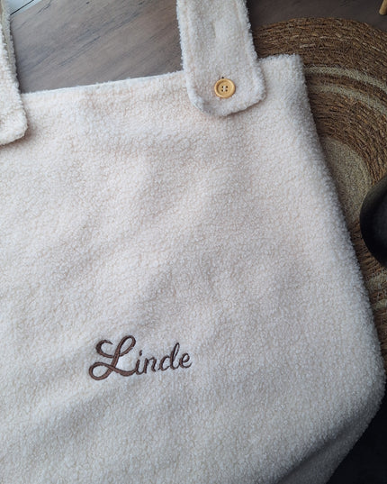 Gepersonaliseerde teddy boxzak XL met naam – Beige verstelbare opbergzak (65x40x10 cm)