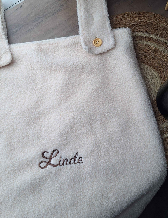 Gepersonaliseerde teddy boxzak XL met naam – Beige verstelbare opbergzak (65x40x10 cm)