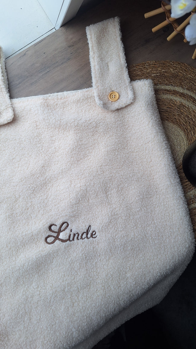 Gepersonaliseerde teddy boxzak XL met naam – Beige verstelbare opbergzak (65x40x10 cm)