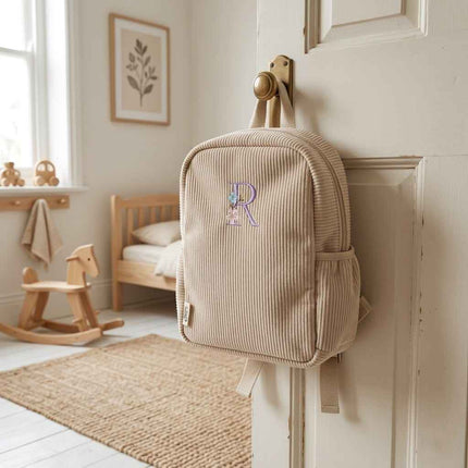 Gepersonaliseerde rib rugzak beige met bloemenletter – Corduroy kinderrugzak