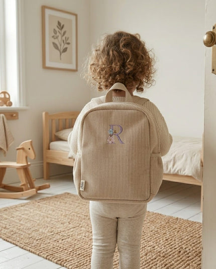 Gepersonaliseerde rib rugzak beige met bloemenletter – Corduroy kinderrugzak