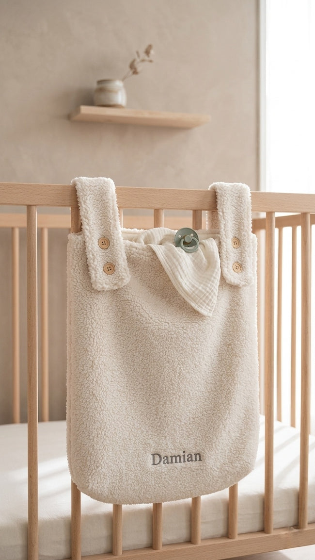Gepersonaliseerde teddy boxzak XL met naam – Beige verstelbare opbergzak (65x40x10 cm)